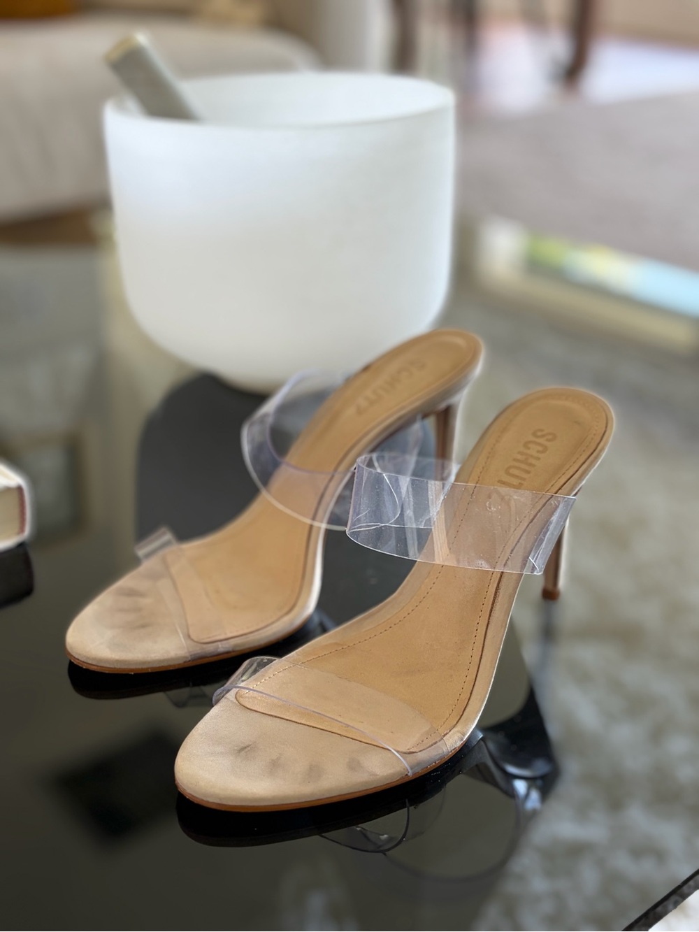 SCHUTZ Clear Strap Tan Stiletto Mules